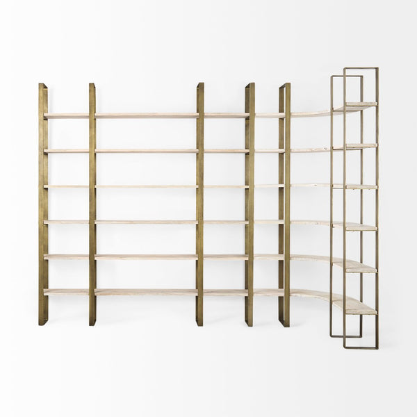 Mercana Taunton Industrial Six-Shelf Unit: Stylish Vertical Storage for Modern and Rustic Interiors, 90" Tall Light Brown Wood | Gold Metal 69230-AB
