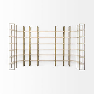 Mercana Taunton Industrial Six-Shelf Unit: Stylish Vertical Storage for Modern and Rustic Interiors, 90" Tall Light Brown Wood | Gold Metal 69230-AB
