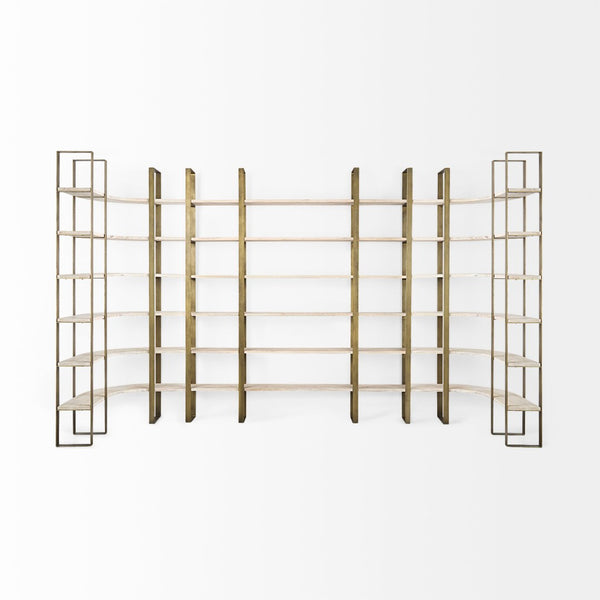 Mercana Taunton Industrial Six-Shelf Unit: Stylish Vertical Storage for Modern and Rustic Interiors, 90" Tall Light Brown Wood | Gold Metal 69230-AB