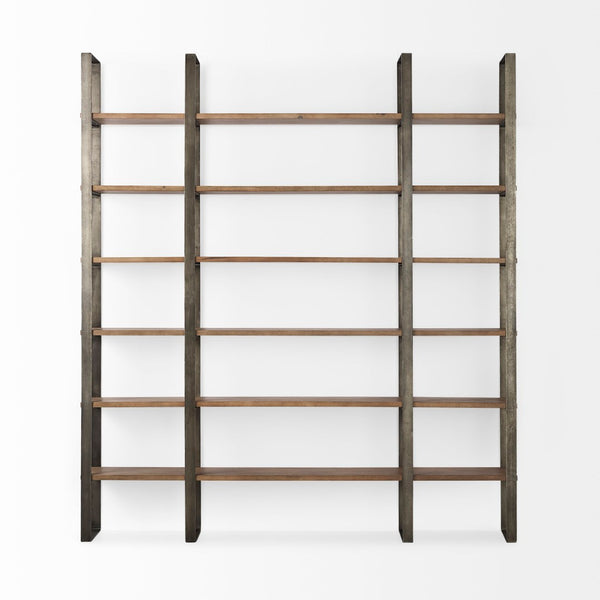Mercana Taunton Industrial Six-Shelf Unit: Stylish Vertical Storage for Modern and Rustic Interiors, 90" Tall Brown Wood | Nickel Metal 69231-AB
