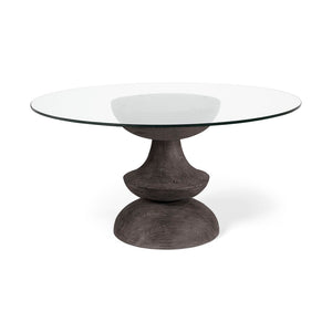 Mercana Crossman Solid Mango Wood Dining Table with Sculptural Pedestal Base for Elegant Gatherings 60" Glass Top | Dk Brown/Gray Wood Base 68748-AB