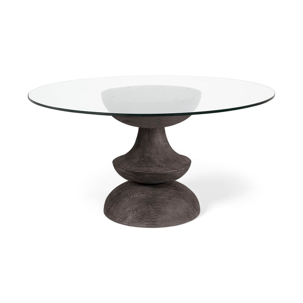 Mercana Crossman Solid Mango Wood Dining Table with Sculptural Pedestal Base for Elegant Gatherings 60" Glass Top | Dk Brown/Gray Wood Base 68748-AB