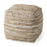 Aadhya 16.0L x 16.0W x 16.0H Taupe/Silver Leather and Cotton Pouf