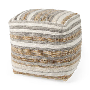 Mercana Aahana 16.0L x 16.0W x 16.0H White/Taupe/Gray Striped Hemp and Cotton Pouf 69502