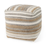 Aahana 16.0L x 16.0W x 16.0H White/Taupe/Gray Striped Hemp and Cotton Pouf