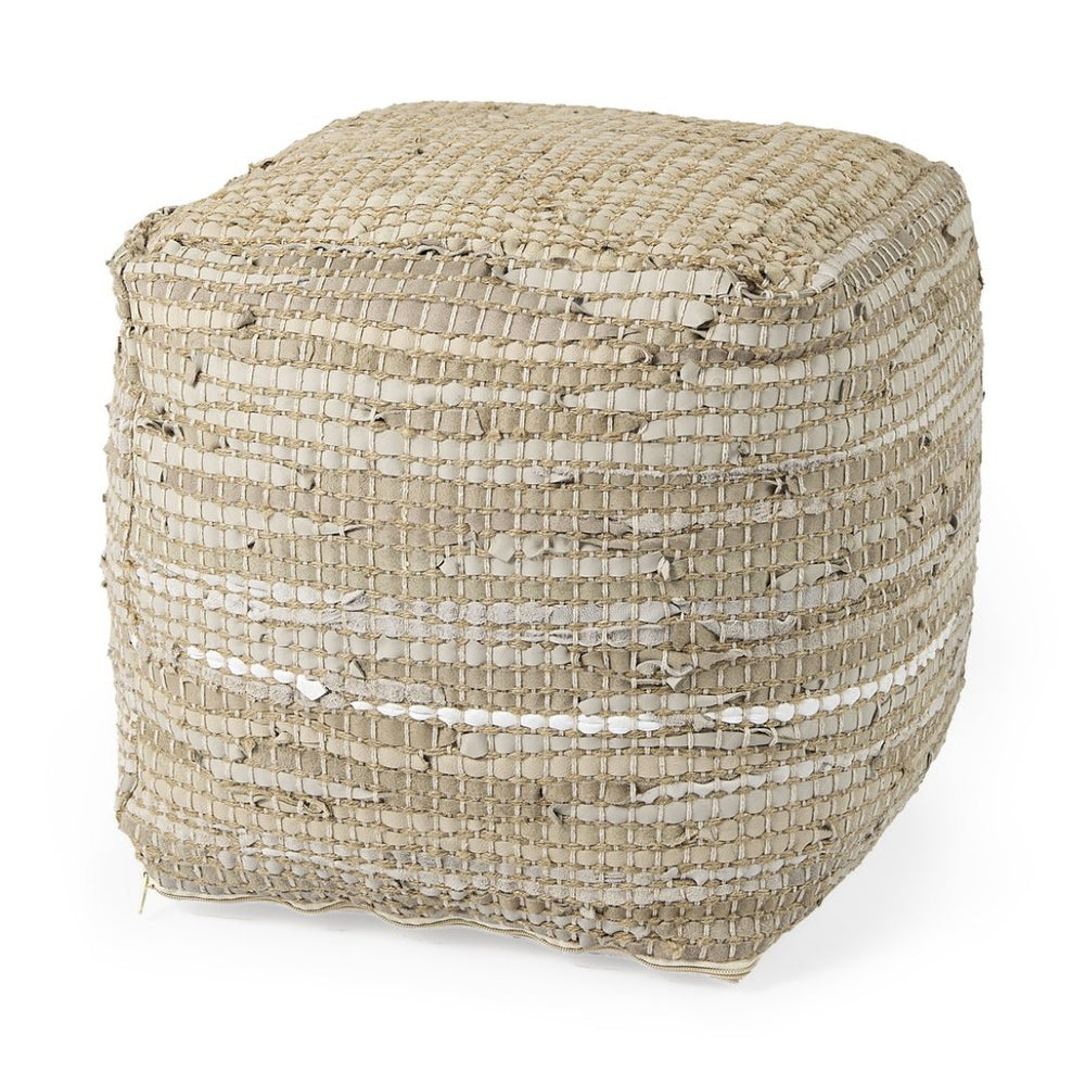 Mercana Aalia Handcrafted Pouf – Versatile Textured Accent for Contemporary and Global-Inspired Spaces Beige Leather & Jute 69503
