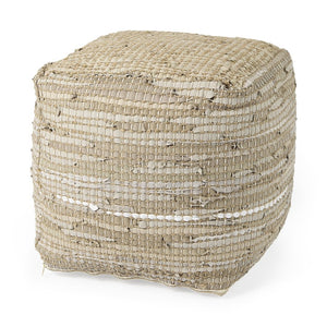 Mercana Aalia Handcrafted Pouf – Versatile Textured Accent for Contemporary and Global-Inspired Spaces Beige Leather & Jute 69503