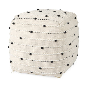 Mercana Amaira 16.0L x 16.0W x 16.0H Cream/Black/White patterned Wool and Cotton Pouf 69506