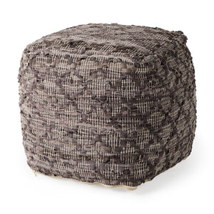 Mercana Falguni 16.0L x 16.0W x 16.0H Gray Leather and Cotton Patterned Pouf 69521