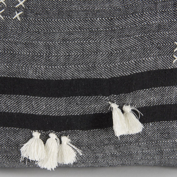 Mercana Sibyl Decorative Pillow Cover - Chic Striped Design with White Fringe for Modern and Boho Interiors Black Fabric | 13L x 21W 69418