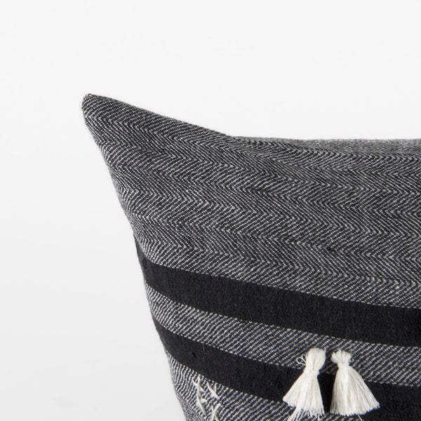 Mercana Sibyl Decorative Pillow Cover - Chic Striped Design with White Fringe for Modern and Boho Interiors Black Fabric | 18L x 18W 69419