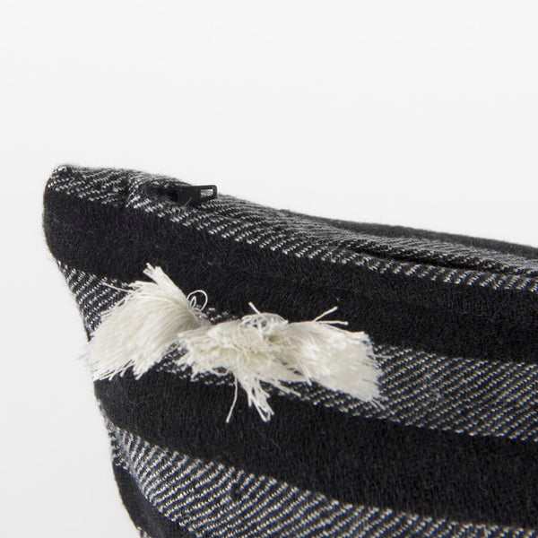 Mercana Sibyl Decorative Pillow Cover - Chic Striped Design with White Fringe for Modern and Boho Interiors Black Fabric | 18L x 18W 69419