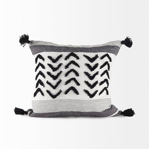 Mercana Kimia Chic Herringbone Decorative Pillow Cover with Fringed Edges for Modern Boho Home Decor White/Black Fabric | 20x20 69439