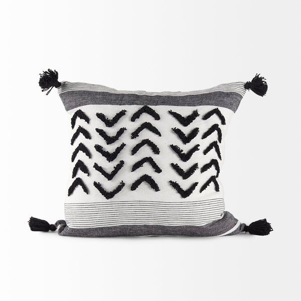 Mercana Kimia Chic Herringbone Decorative Pillow Cover with Fringed Edges for Modern Boho Home Decor White/Black Fabric | 20x20 69439