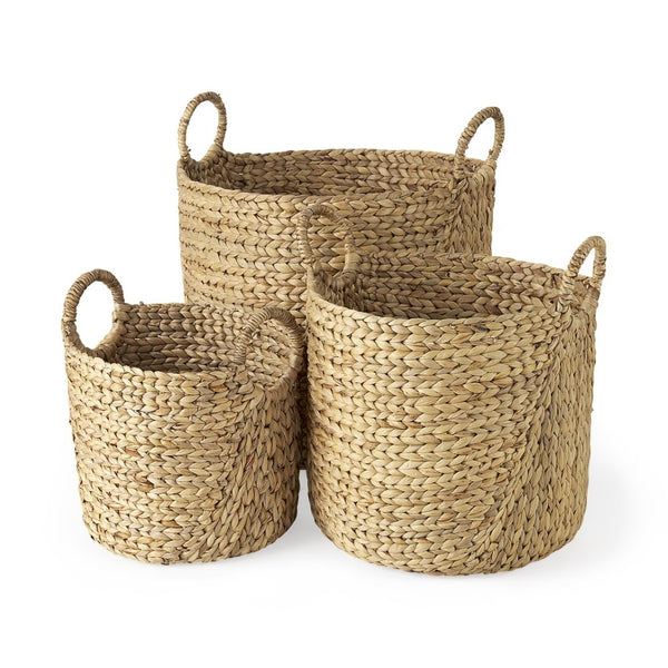Mercana Sivan Woven Round Baskets with Handles - Natural Water Hyacinth Storage for Coastal Home Décor 69582