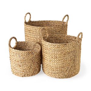 Mercana Sivan 19.7L x 19.7W x 23.6H (Set of 3) Light Brown Water Hyacinth Round Basket W/ Handles 69582