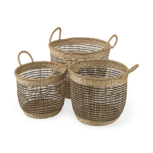 Mercana Triopas 15.7L x 15.7W x 13.4H (Set of 3) Medium Brown Seagrass Round Basket W/ Handles  69583