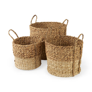 Mercana Morocco 15.7L x 15.7 (Set of 3) Brown Two Tone Water Hyacinth and Cornhusk Round Basket W/ Handles  69584