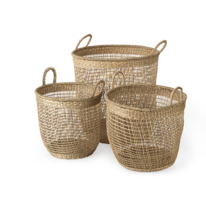 Mercana Bowie 19.7L x 19.7W x 19.7H (Set of 3) Medium Brown Seagrass Round Basket W/ Handles  69586