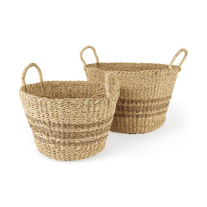 Mercana Vance 17.7L x 17.7W x 11.8H Light Brown Palm Leaf and Seagrass Round Basket W/ Handles 69587