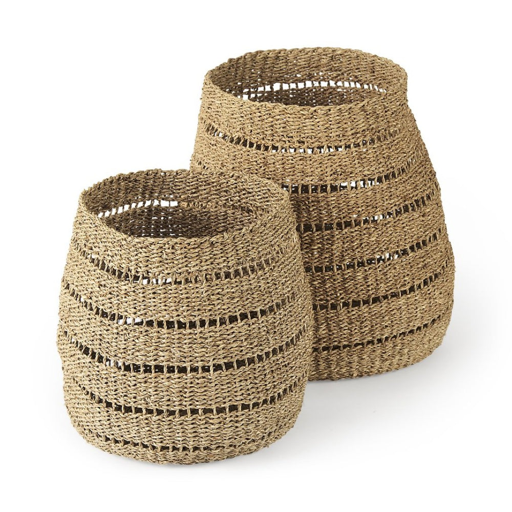 Mercana Hayes Medium Round Storage Baskets – Handwoven Seagrass with Cut-Out Stripe Design for Home Decor 69589