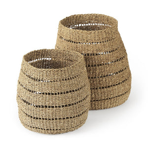 Mercana Hayes Medium Round Storage Baskets – Handwoven Seagrass with Cut-Out Stripe Design for Home Decor 69589