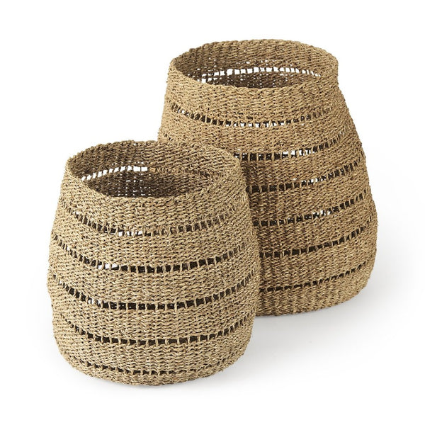 Mercana Hayes Medium Round Storage Baskets – Handwoven Seagrass with Cut-Out Stripe Design for Home Decor 69589