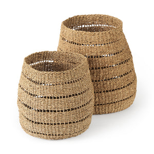 Mercana Hayes 17.7L x 17.7W x 11.8H (Set of 2) Medium Brown Seagrass Round Basket with Stripe Pattern  69589