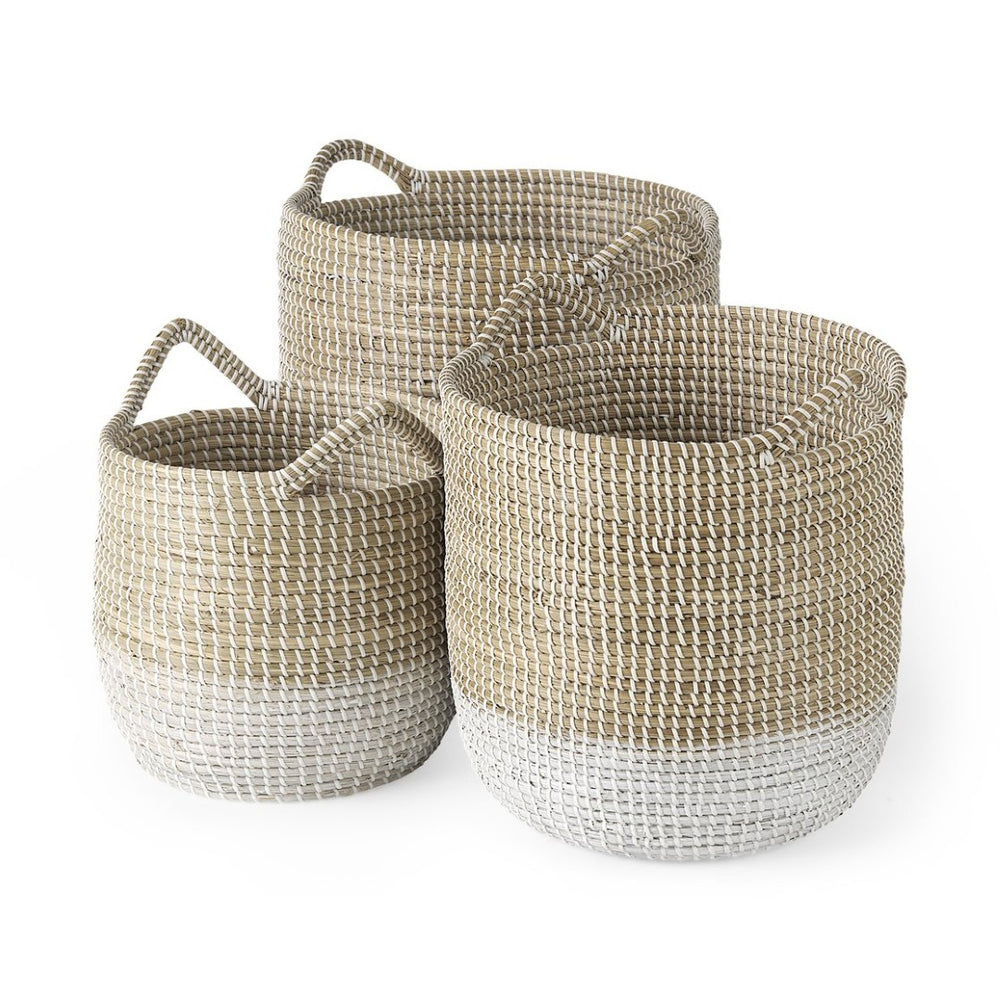 Mercana Maddie Elegant Handwoven Seagrass Baskets for Stylish Storage, Coastal Decor, and Organizing Essentials Brown Seagrass | White Bottom | Set of 3 69594