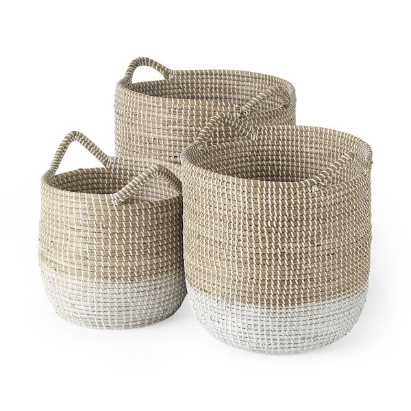 Mercana Maddie Elegant Handwoven Seagrass Baskets for Stylish Storage, Coastal Decor, and Organizing Essentials Brown Seagrass | White Bottom | Set of 3 69594