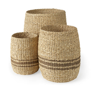 Mercana Sivannah 19.7L x 19.7W x 23.6H (Set of 3) Light Brown and Medium Brown Striped Seagrass Round Basket 69599