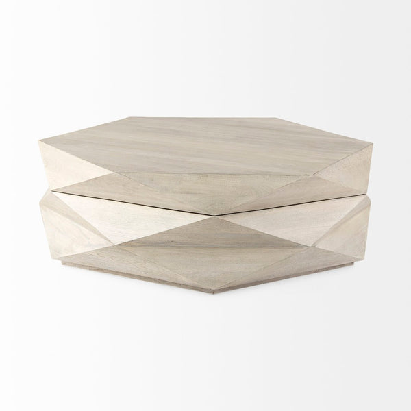 Mercana Arreto Hexagonal Coffee Table with Hydraulic Lift-Top Storage for Modern Living Room Elegance White Wood 69542