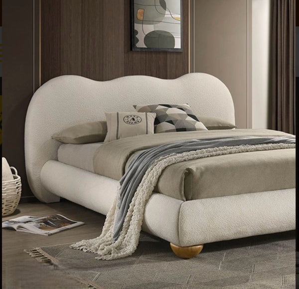 English Elm White Boucle King Bed Camelback Headboard Natural Bun Feet Contemporary Bedroom B2741S00829