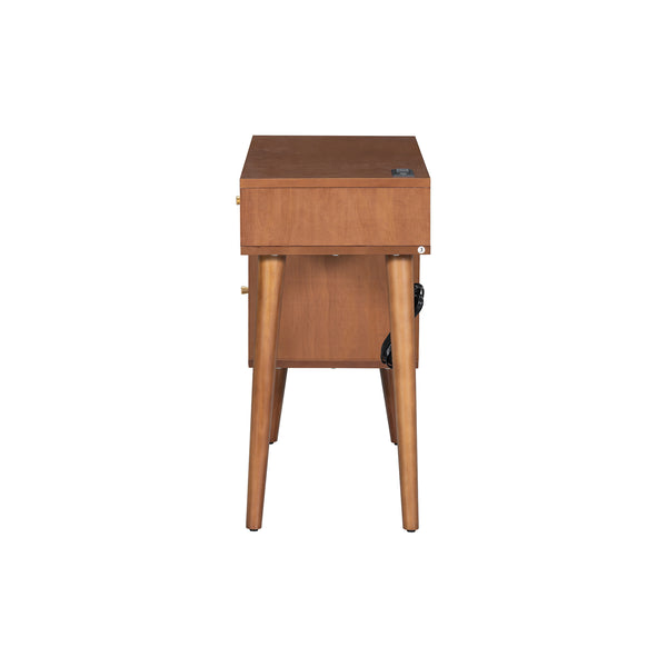 English Elm 39" Retro Bohemian Makeup Vanity Set with Rattan Drawers, USB Charging Port, Cushioned Stool, 4-Drawer Storage Walnut 44.1 L x 18.75 W x 10.5 H N733P180011D