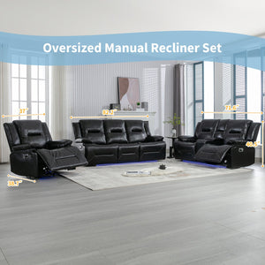 English Elm Home Theater Recliner Set with LED Accent Lighting, Dual Cup Holders, Gel Leather Comfort Seating Black SG001470AAB