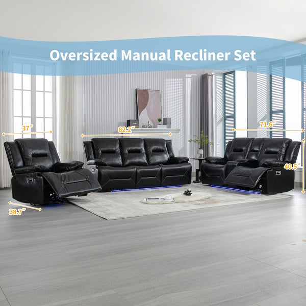 English Elm Home Theater Recliner Set with LED Accent Lighting, Dual Cup Holders, Gel Leather Comfort Seating Black SG001470AAB