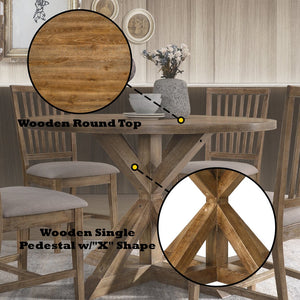 English Elm Wallace Weathered Oak Round Pedestal Dining Table, 36mm Thick Top, X‑Style Base, 100lb Capacity B2726P264191