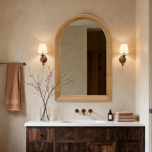 English Elm Arched Oak Wood Wall Mirror Farmhouse Vanity Accent with Distortion Free Glass W2295P414110