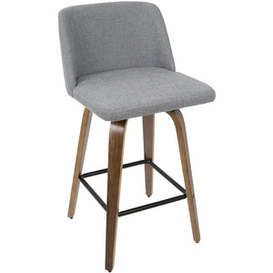English Elm Toriano Mid-Century Modern Counter Stool Pair - Upholstered Swivel Seat, Bentwood Frame, Footrest Grey B202S00389