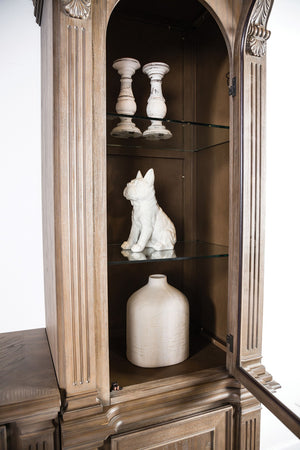 English Elm Traditional Weathered Oak Entertainment Console Hand Carved Dentil Crown Six Door Storage B2741S00759