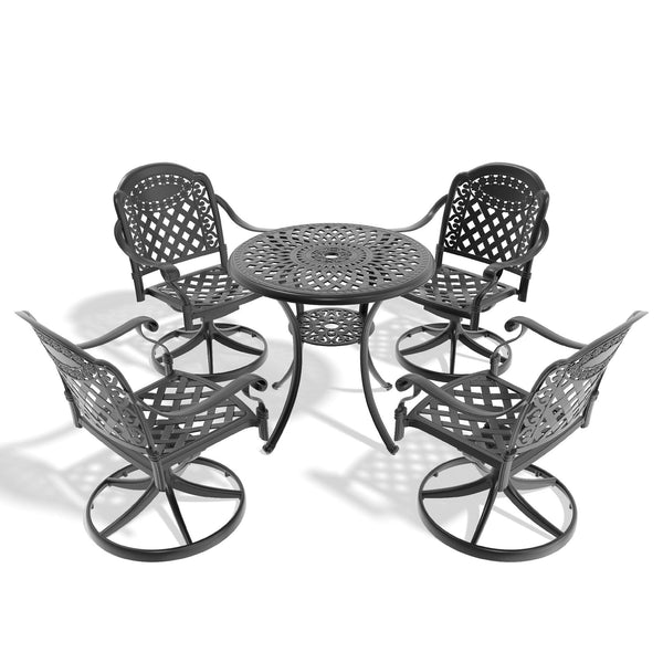 English Elm 5-Piece All-Weather Cast Aluminum Dining Set With Swivel Chairs & Round Table For Outdoor Fun W1710S00432
