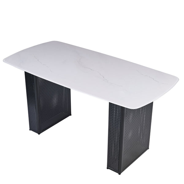 English Elm Modern Marble Glass Dining Table Gold Dual Pedestal Base Seats Eight Elegant W5123P397496