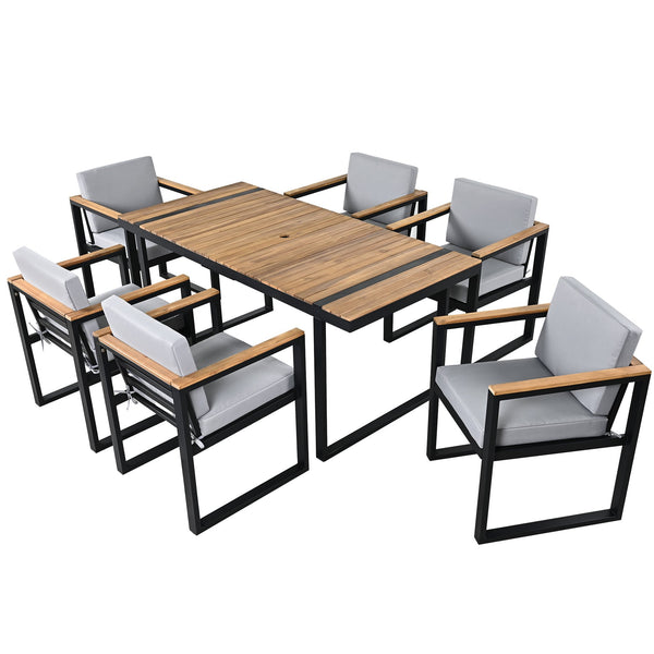English Elm 7 Piece Outdoor Dining Set with Acacia Wood & Steel Frame, Water-Resistant Cushions, Umbrella Hole Grey N719Z000140E