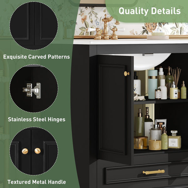 English Elm 30" Elegant Bathroom Vanity with Ceramic Sink, French-Inspired Compact Cabinet with Drawer & Shelf Black N710P317676B