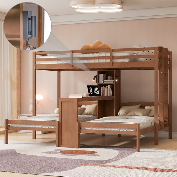 English Elm Twin Triple Bunk Bed with Built in Desk Open Shelving and Led Task Lighting Natural N7090002243N