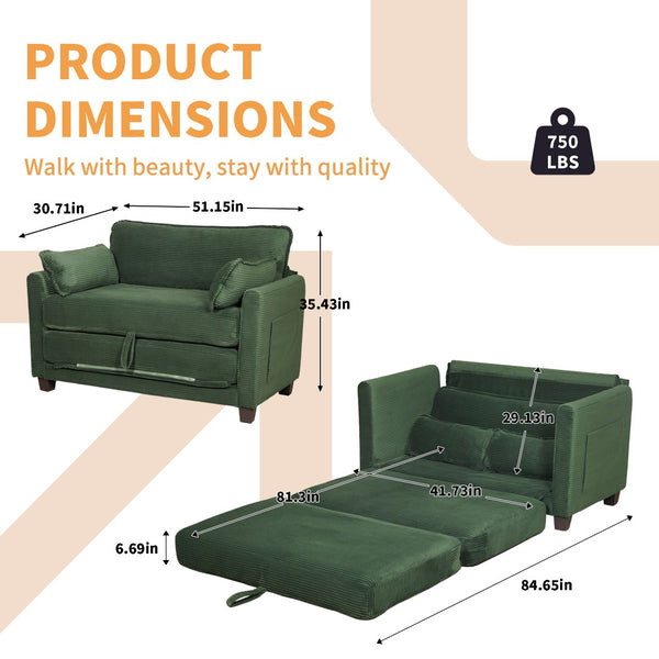 English Elm 2-in-1 Corduroy Loveseat Sleeper with Storage Converts for Living Room or Studio Dark Green W2715P409863
