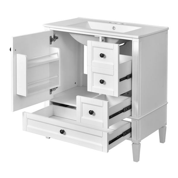 English Elm 30 30 Inch Bathroom Vanity with Ceramic Sink, Modern Compact 3-Drawer Storage Cabinet for Small Baths White N710P247499K