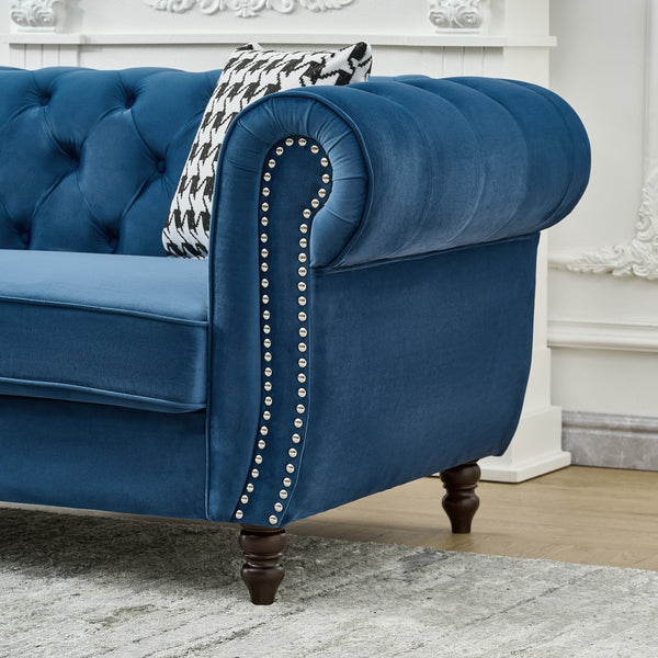 English Elm 87"Chesterfield Velvet Upholstery Sofa with Roll Armrests & Nailhead Trim, 3-Seater Luxurious Midcentury Design Blue W3373S00048