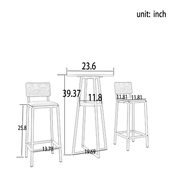 English Elm Bar Table and Chair Set Gold Frame Blue Velvet Cushions with Built-in Storage Shelf W3064P245389