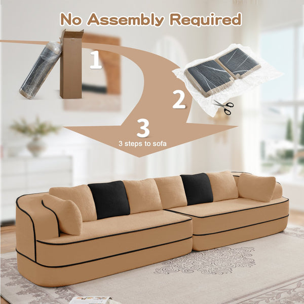 English Elm 135" Plush Teddy Fabric 4-Seat Modular Sofa No Assembly Cloudlike 32D High‑Resilience Comfort Lounge Camel W714S01419